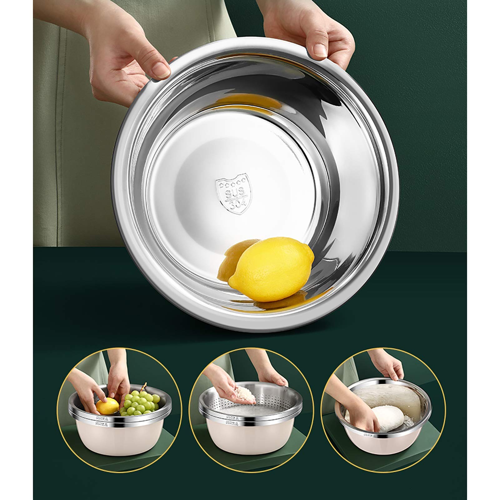 Cuencos para mezclar (juego de 5) Cuencos para mezclar de acero inoxidable, lavabo para sopa de calidad alimentaria 304 （con desagüe）, lavabo para lavar verduras, 4 ollas para sopa + 1 recipiente pa