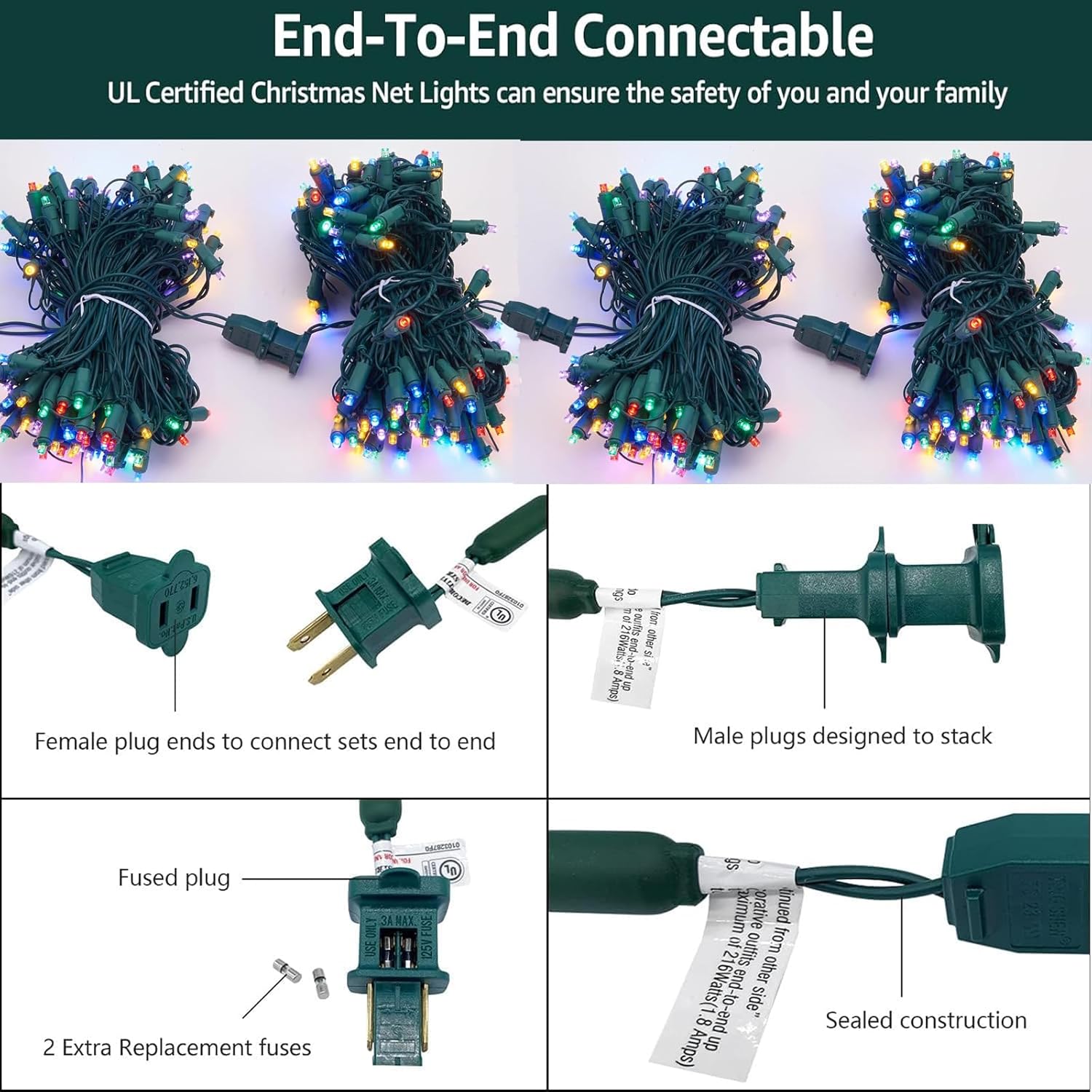 Meteds 6Ftx4Ft LED Christmas Net Lights Green Wire,Connectable UL Certified Waterptoof Net Lights for Bushes Trees Shurb Garden Outdoor Christmas Decorations (Multi)