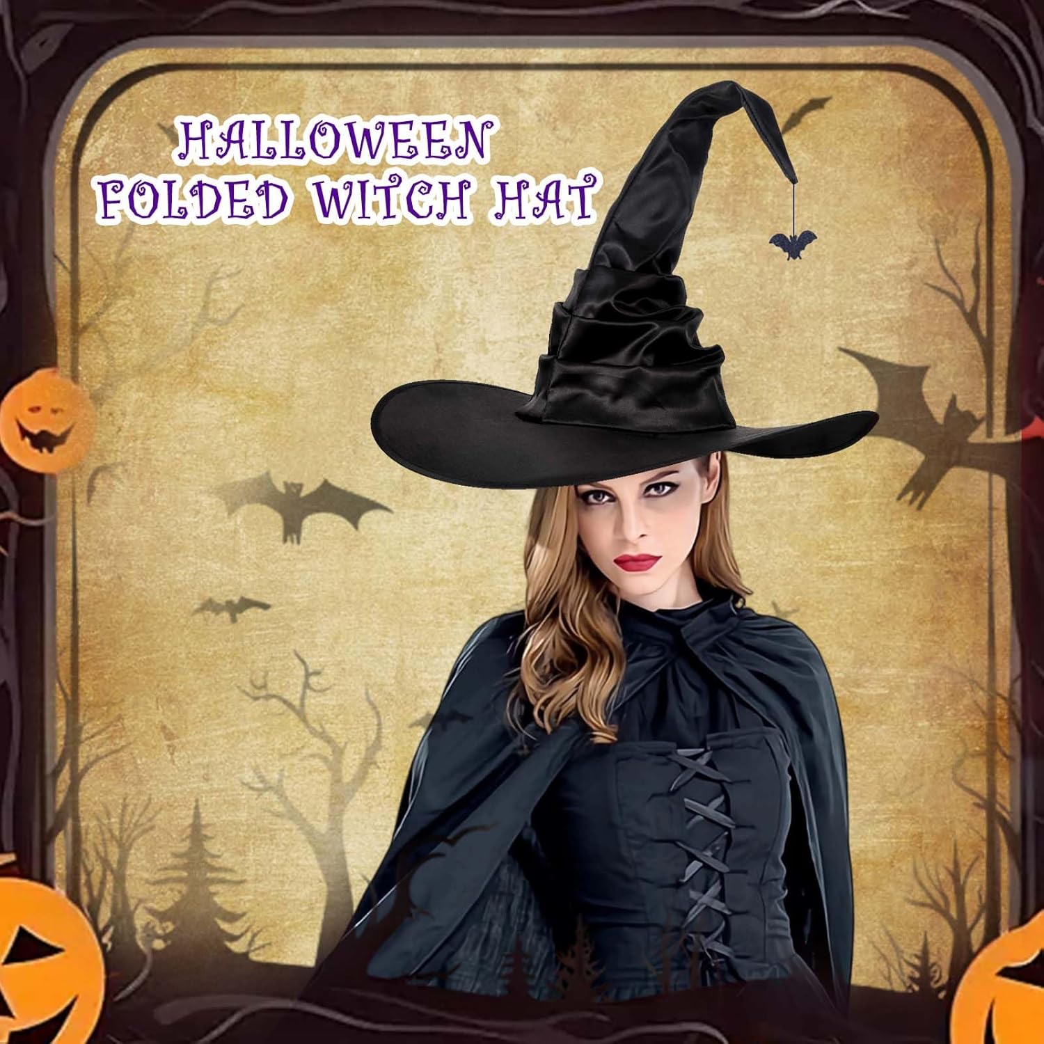 Witch Hat, 18 Inches Wicked Wizard Hat with Wide Brim, Cosplay Accessories for Women Halloween Witch Costume Party - Image 2