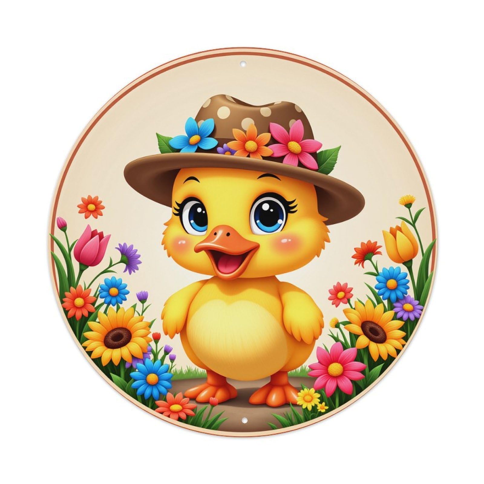 Cute Duck With Flower Hat Round Tin Sign Vintage Metal Poster, Home Bar Garage Man Cave Cafe Indoor & Outdoor Wall Decoration 8x8Inches