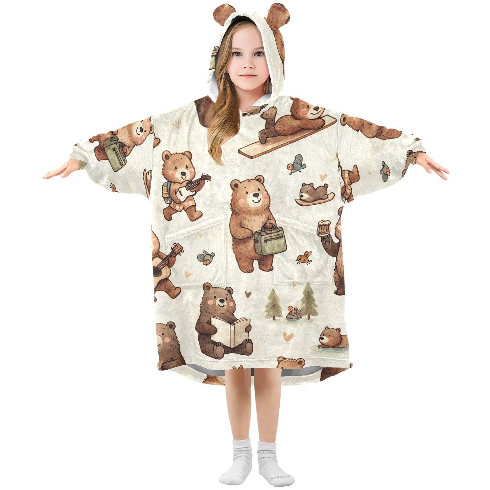Grckit Boys A184 Small Brown Bears Kids Wearable Blanket Hoodie Soft Sherpa Fleece Oversized Sweatshirt For Girls 3-14
