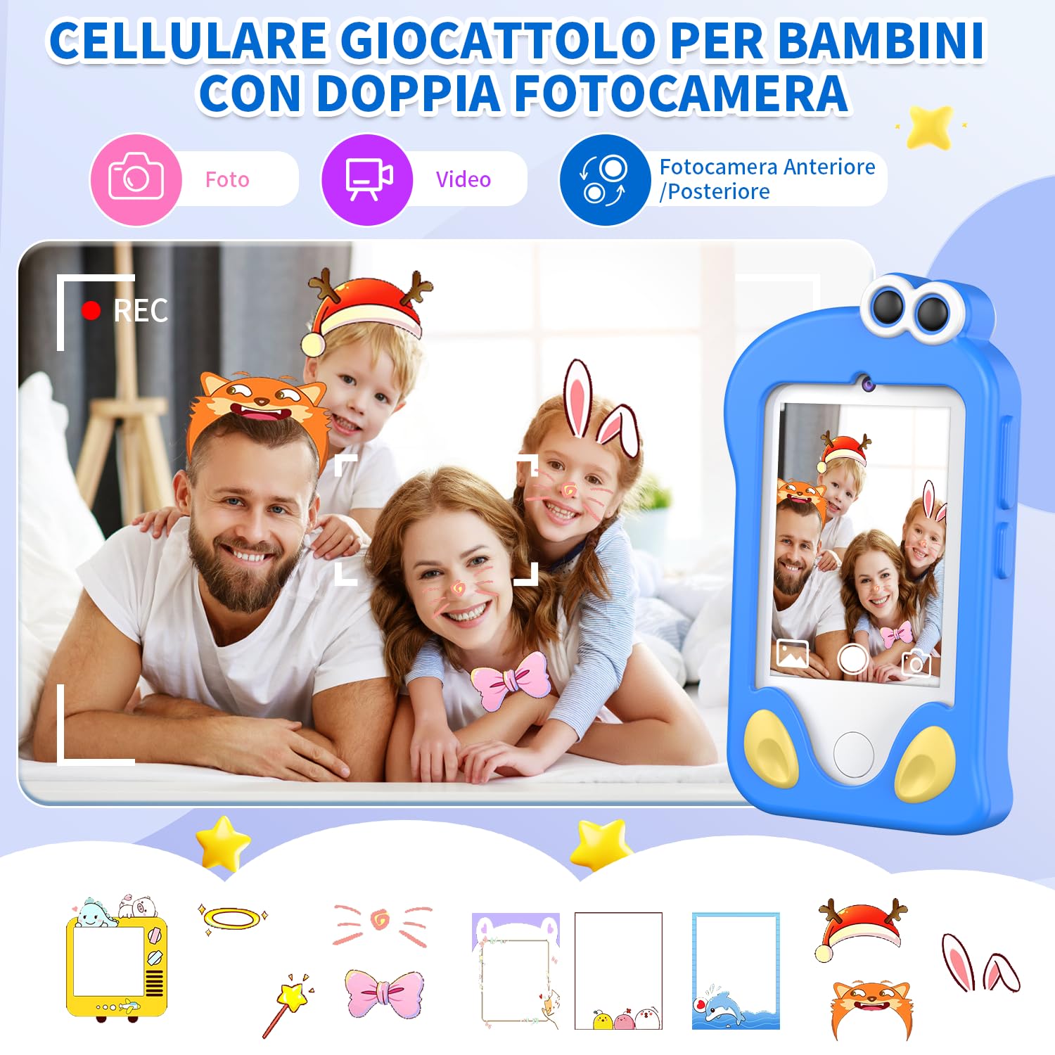 CHAKEYAKE Telefono per Bambini, Macchina Fotografica Bambini con 2,4" Schermo Tattile, Doppio Kamera, Lettore MP3, Scheda SD 32 GB, Regali di Natale e Compleanno per 3 4 5 6 7 8 Anni (Blu)