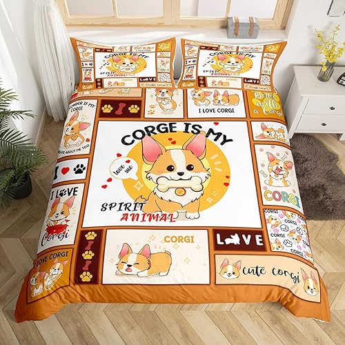 Juego de ropa de cama de Corgi para niños, tamaño individual para niñas y niños, funda de edredón de perro de dibujos animados, funda de edredón