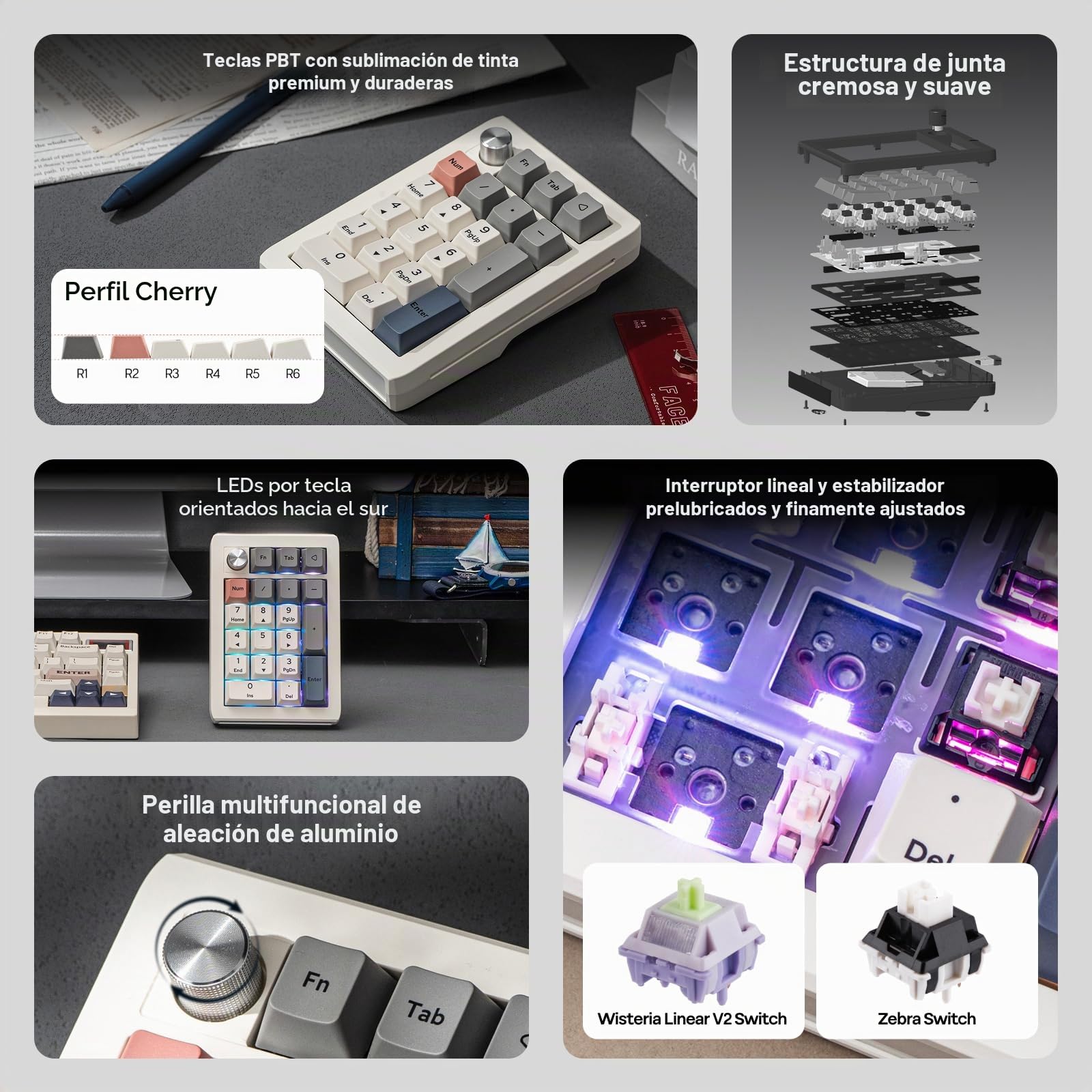 EPOMAKER EK21 Via Teclado Numérico de 3 Modos (Blanco, Wisteria Linear) | 1000mAh, Gasket, BT5.0/2.4GHz/Cable, Hot-Swap, Perilla de Aleación de Aluminio, Numpad Programable, para Win/Mac/Juegos