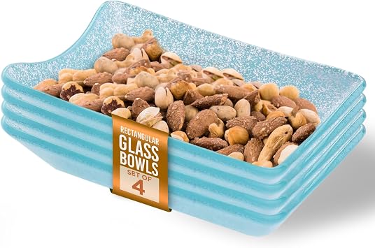 IMPULSE! Splendido 4.6 Oz. Rectangular Glass Bowl Aqua Set of 4- Perfect for Side Dishes, Serving, Desserts, Appetizers, Elegant Functional Bowls - Serving Snacks, Dips, Olives, Nuts, or Candies