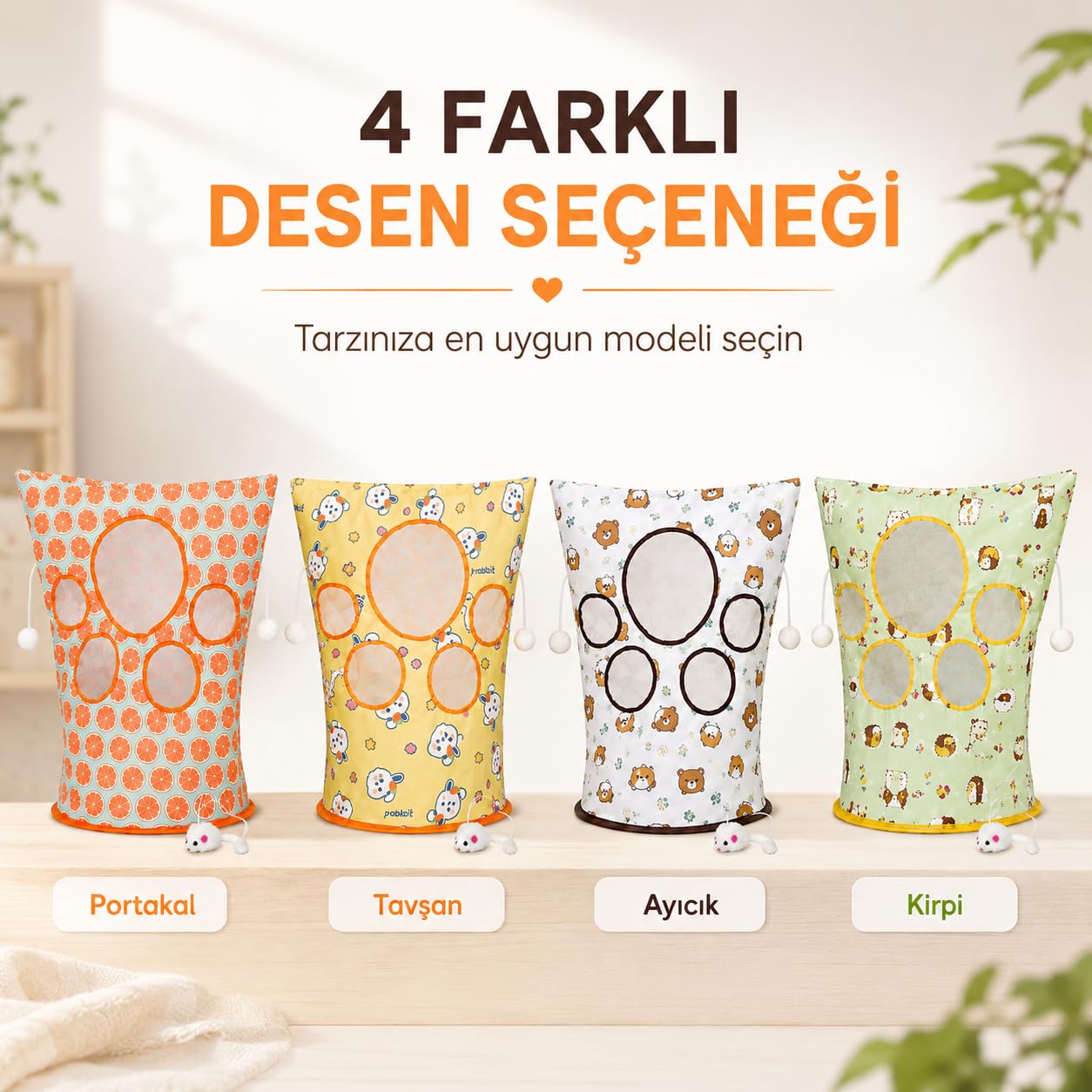 SOGUD Hışırtılı Kedi Oyun Tüneli Tavşan - Katlanabilir Pati Pencereli Aktivite Çadırı - Fare Oyuncaklı Sesli Tasarım - Yavru ve Yetişkin Kediler İçin Ev İçi Saklanma ve Eğlence Alanı