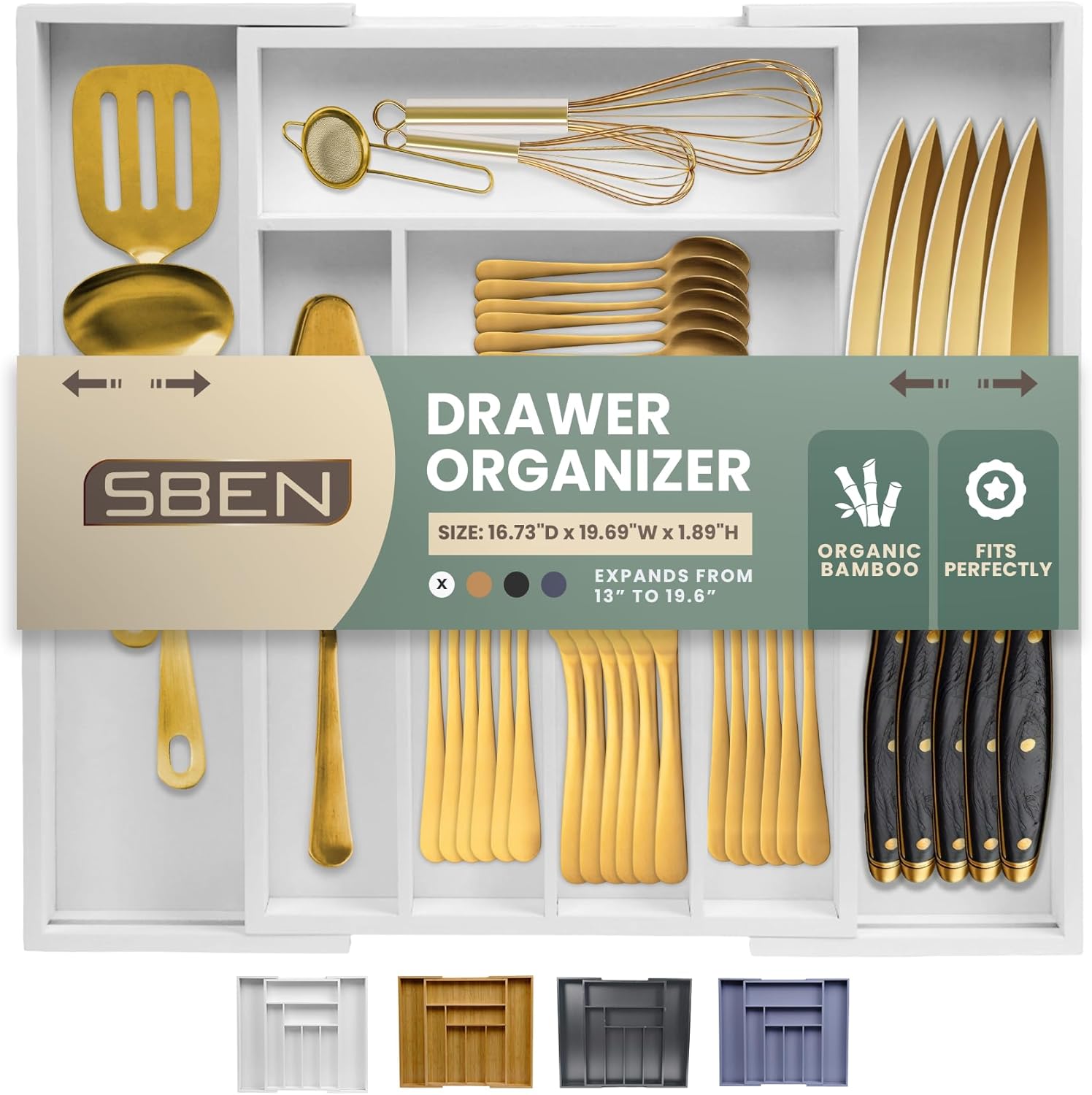 Sben Expandable Drawer Organizer for Utensils Holder, Adjustable Cutlery Tray, 6-8 Slots, Premium Wood Drawer Dividers Organizer for Silverware, Flatware, Knives for Kitchen (White)
