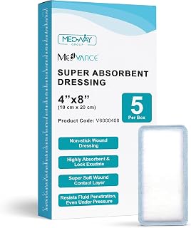 MedVance Super Absorbent Wound Dressing, Non-Adhesive Pads, 4"x8", Box of 5 | Sterile And Individually Wrapped - Non-Stick Wound Bandages - Super Soft - Highly Absorbent & Lock Exudate - Leakproof