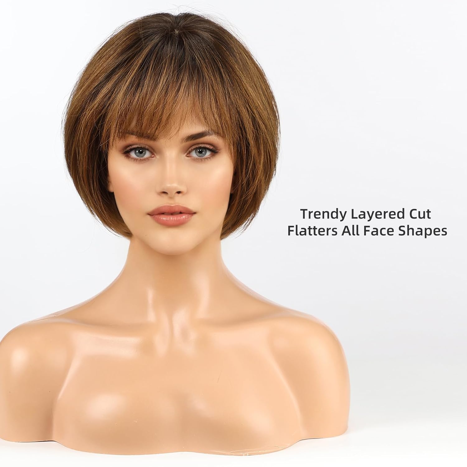 10 Inch Human Hair Wig with Bangs for Women – Short Bob Real Hair Wig, Ombre Brown, Soft & Natural for Everyday Wear