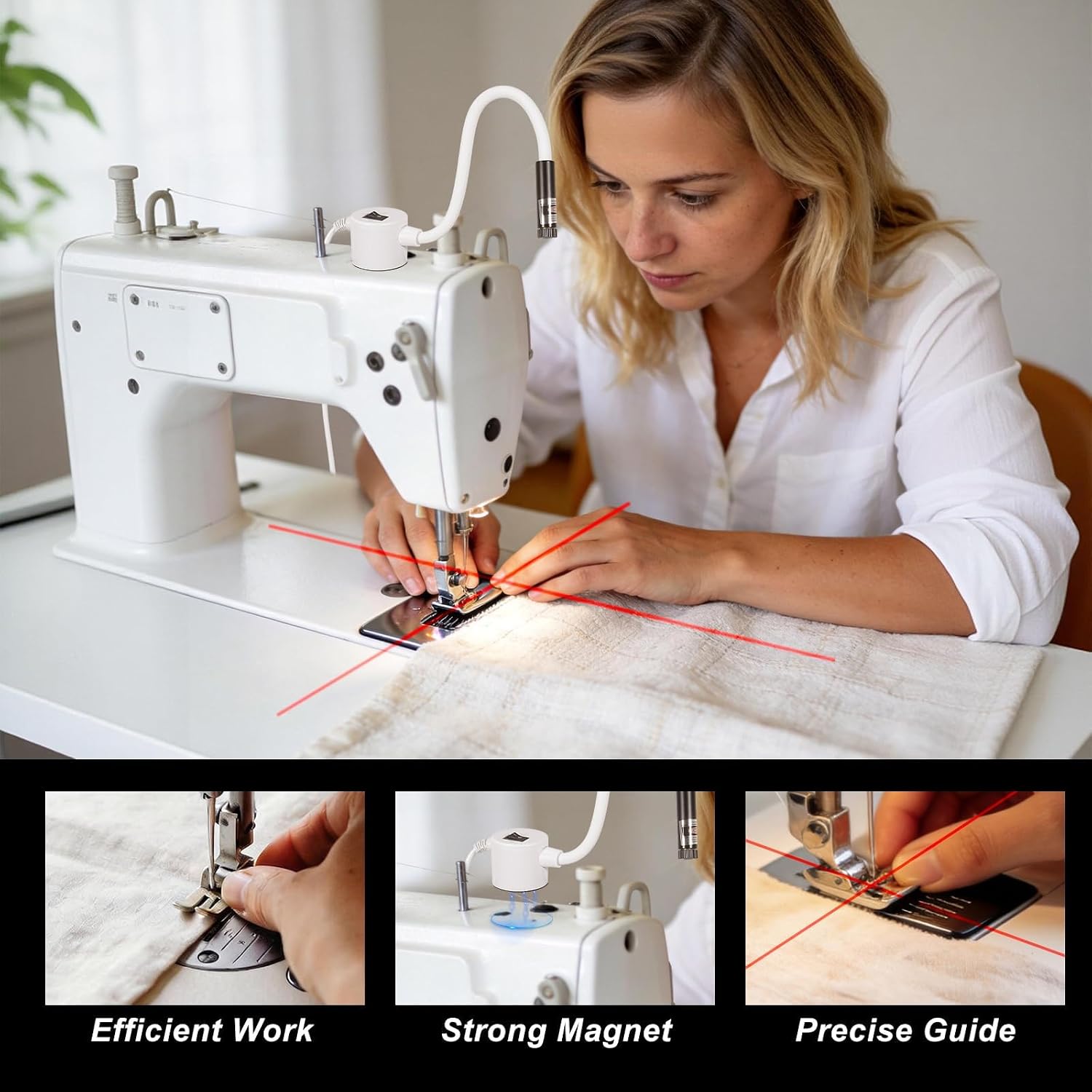 Magnetic Positioning Quilting Light with Crosshair Guide, Adjustable Red Laser Seam Guide for Straight Stitching, Secure Magnetic Attachment for Sewing Machines