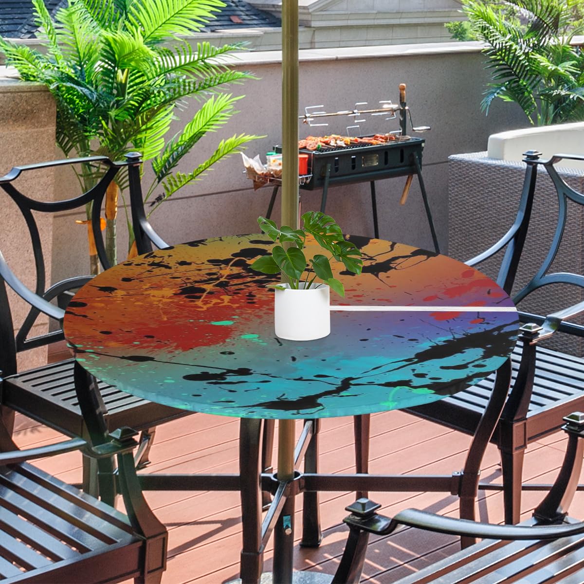 XMNYGJ Watercolor Abstract Round Fitted Tablecloth with Umbrella Hole Zipper Outdoor Oil Waterproof Stain Resisteant Round Elastic Table Cover for Party, Picnic and Patio 36-44 Inch