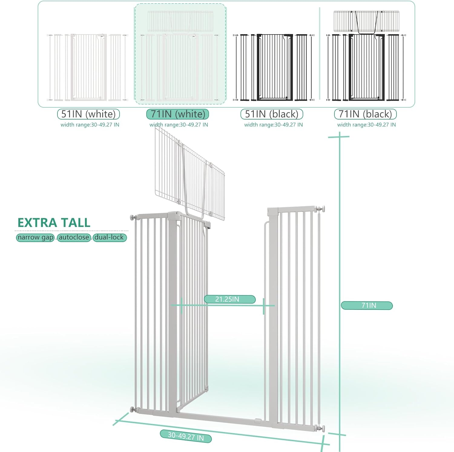 71" Extra Tall Cat Gate for Doorway – 30"-49.27" Extra Wide Pet Gate with Adjustable Cat Door Wide,Auto Close, Pressure Mounted, Pet Gate for Cats & Small Dogs, Hallway, Stairs, Kitchen