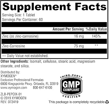 XYMOGEN PepciX - 75mg Zinc L-Carnosine - Upper GI & Gastric Mucosa Support - Stomach Lining & Digestive Comfort - Vegan, Gluten-Free & Non-GMO - 60 Tablets