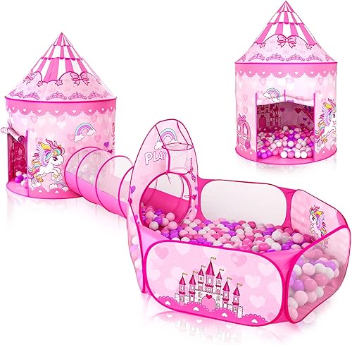 Vista 49 de PigPigPen Tienda de campaña de 3 piezas para niñas con hoyo de bolas, túnel de gateo, carpas de princesa para niños pequeños, juguetes de casa