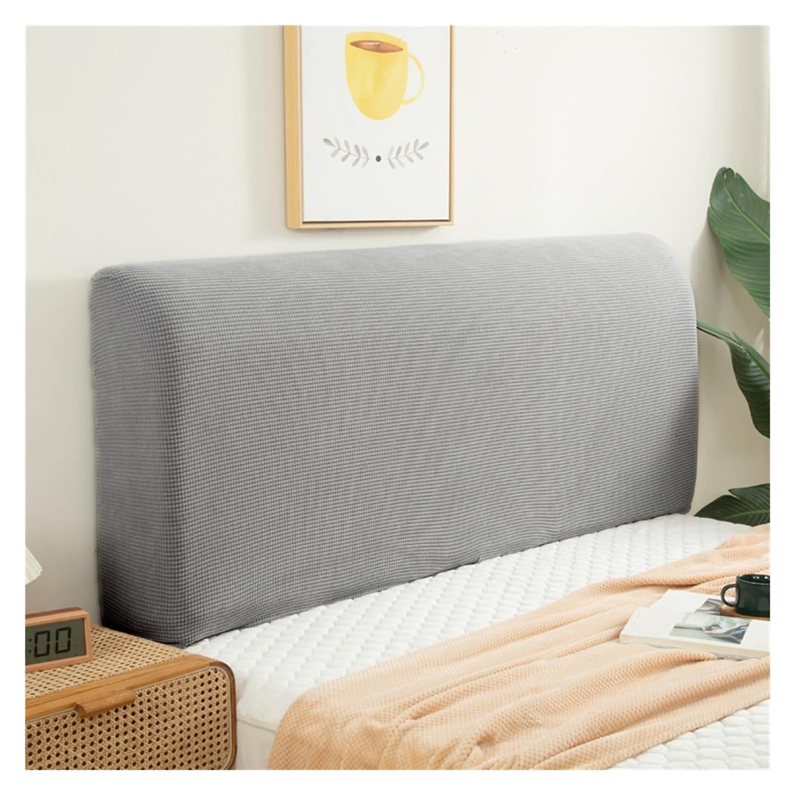 Velvet Bed Headboard Slipcover - Queen to Cal King Size, Quilted Dustproof Protector, Elastic Decoration (Light Grey)