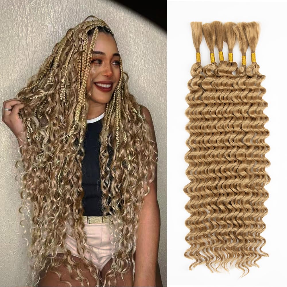 Deep Wave Bulk Hair for Braiding 24 Inch 6 Bundles 200g Natural Black Curly Braiding Hair for Boho Braids No Weft Wet and Wavy Braiding Hair Extensions (#27,200g/ 6bundles 24 Inch)