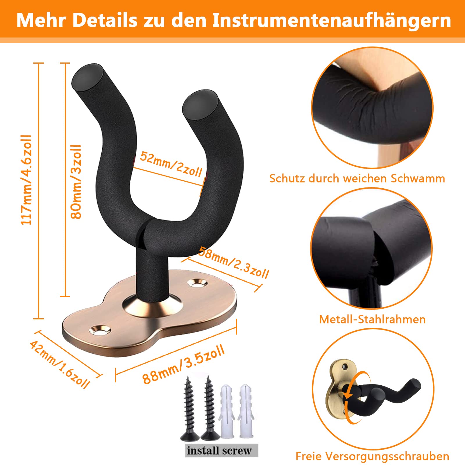 2 uchwyty metalowe ścienne na gitarę, ukulele i gitarę akustyczną, antypoślizgowy, z gąbkami, wieszak ścienny