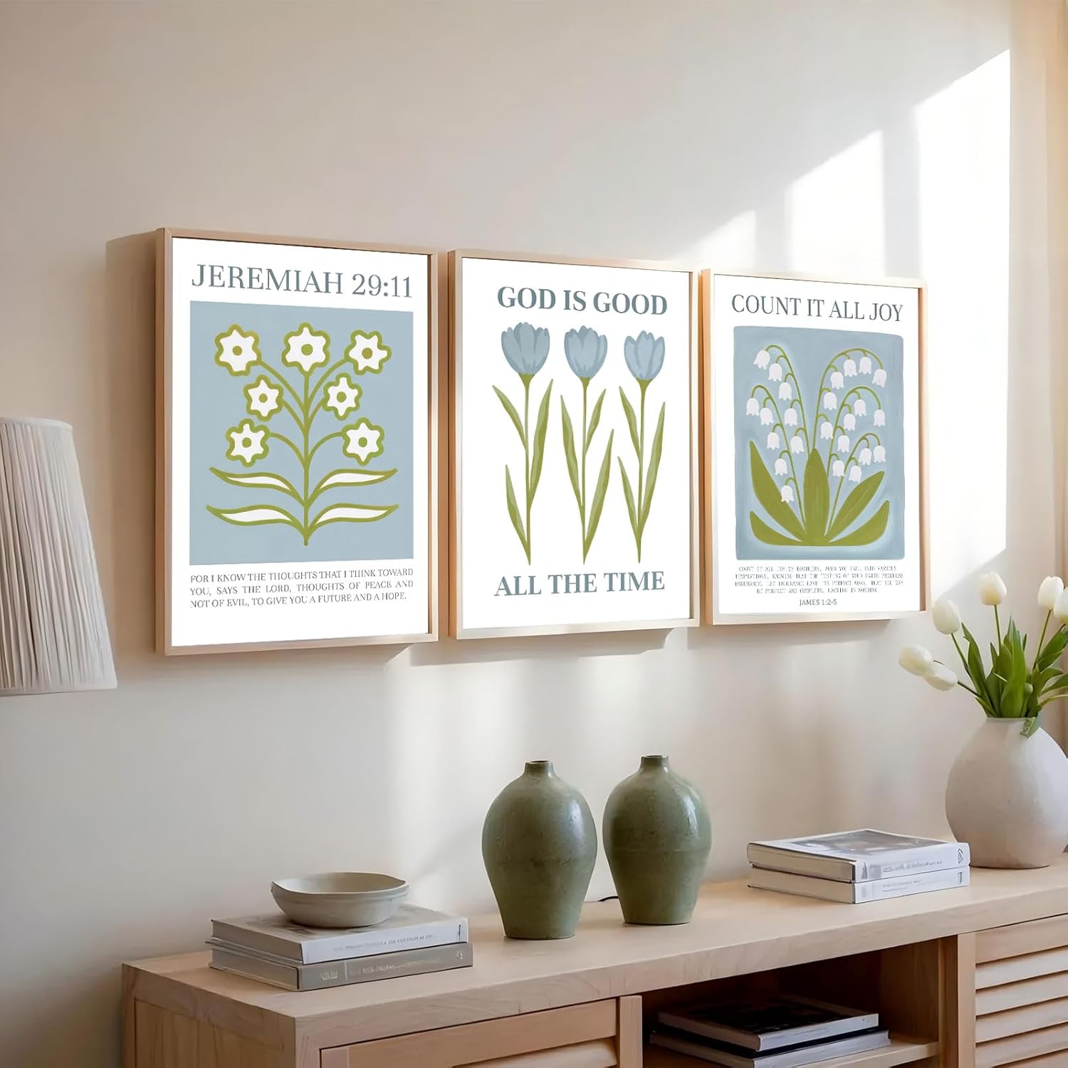 3Pcs Floral Christian Bible Verse Canvas Wall Art Blue Botanical Scripture Wall Decor Pictures Preppy Aesthetic Faith Posters Prints for Bedroom Living Room Home Decoration 16x24in