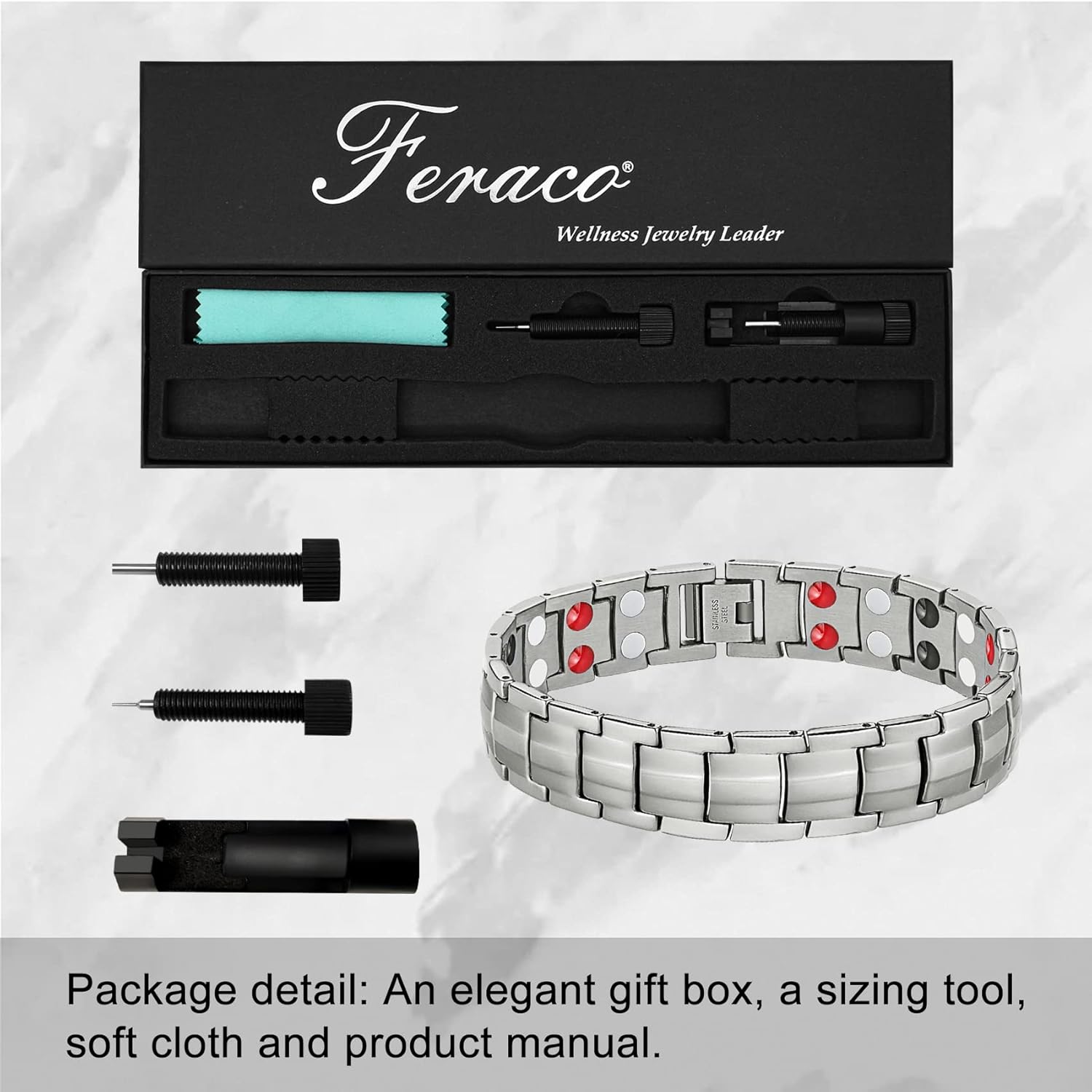Feraco Mens Magnetic Bracelet Titanium Steel Magnetic Bracelet with Double Row 4 Elements Magnets (Silver) - Image 4