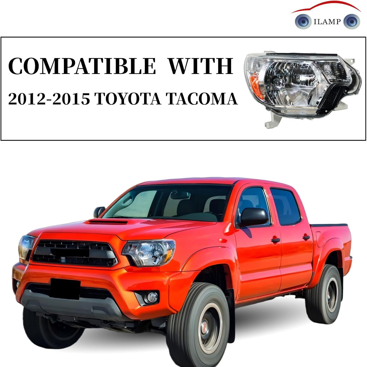 Headlight Fit For 2012 2013 2014 2015 Toyota Tacoma Headlamp with Chrome Housing Amber Reflector Replacement （Right Passenger） RH 81150-04180 TCM12A01R