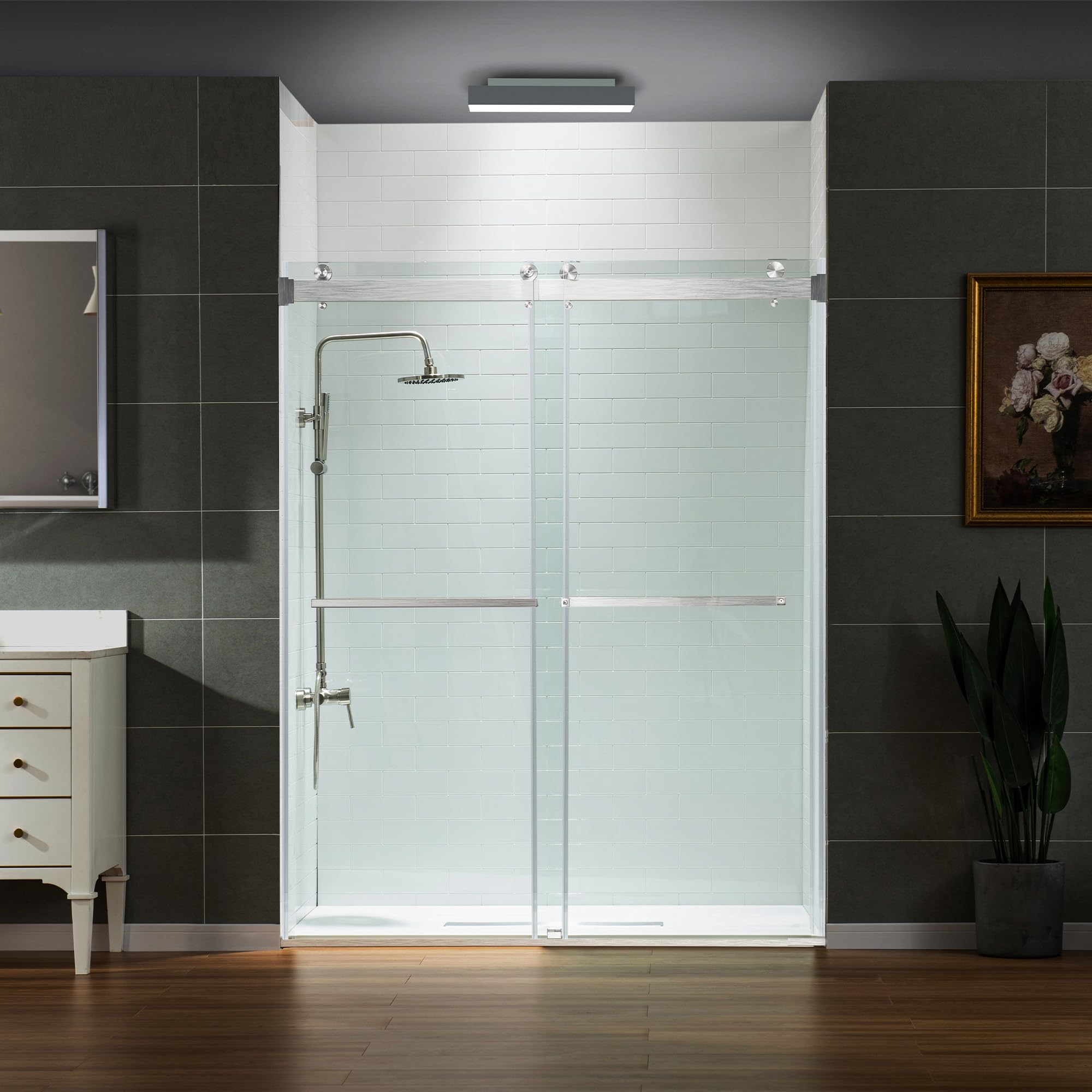 Woodbridge Frameless Shower Doors 56-60" Width x 76" Height with 5/16"(8mm) Clear Tempered Glass, 2 Ways Opening &amp; Double Sliding in Polished Chrome Finish