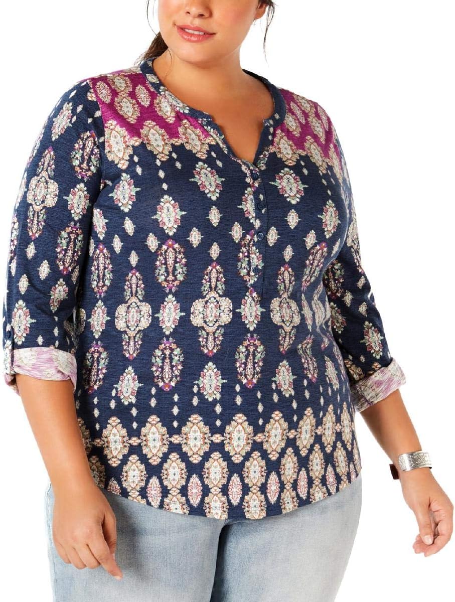 Style & Co. Womens Top Purple Plus Damask Roll-Tab Henley Knit Blue 3X