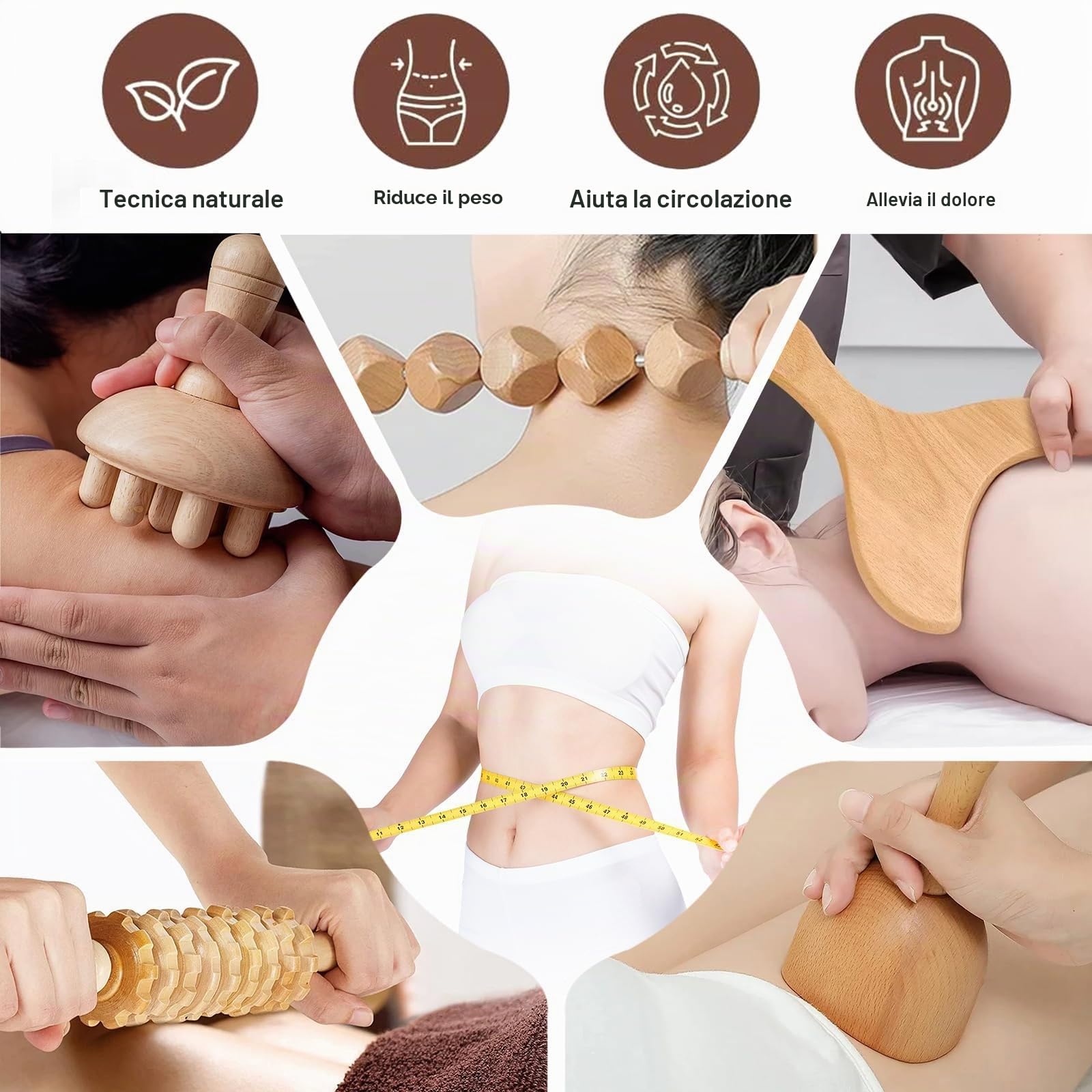 Set di massaggi in legno, 8 pezzi, massaggiatori per maderoterapia per drenaggio linfatico, modellazione del corpo e anticellulite, rilassamento muscolare e sollievo dal dolore