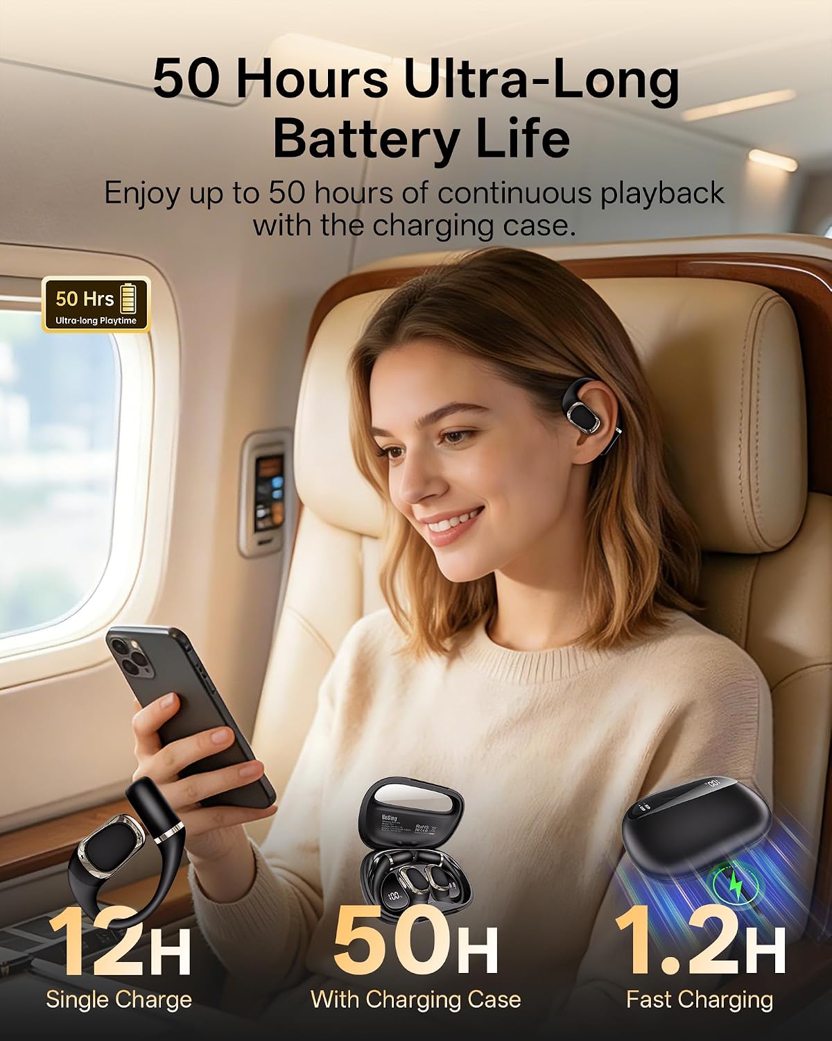 Open Ear Earbuds, Over Ear Headphones with Ear Hooks, True Wireless Bluetooth 6.0 Earphones, Stereo Sound, Ultra-Comfort, 50H Playback, IPX7 Waterproof Ear Buds with Mics for Running Sports image 5