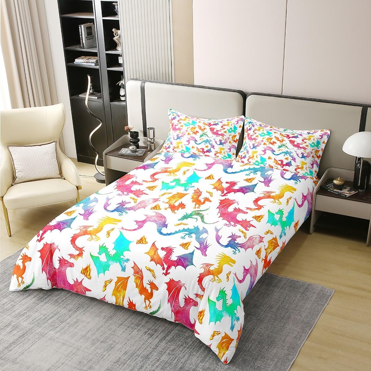 Feelyou Dragon 100% Cotton Duvet Cover for Kids Queen Size Colorful Dragon Bedding Set Boys Girls Flying Dragon Comforter Cover Animals Bedspread Cover Soft Quilt Cover (No Comforter)