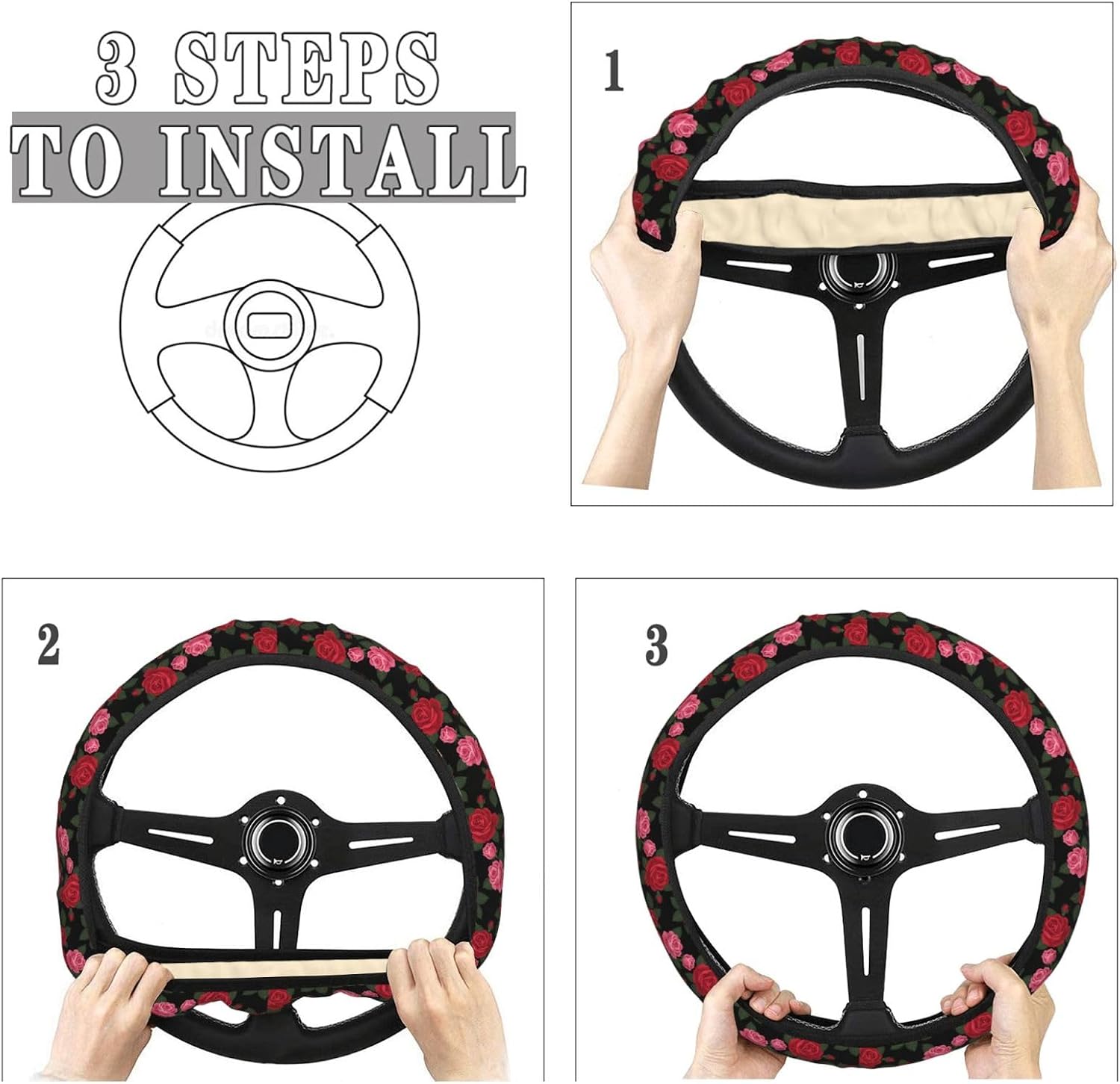 Red Pink Rose Romantic Steering Wheel Covers Anti-Slip Elasticity Car Accessories Steering Wheel Protector Universal 15 Inch for Cars SUV Vehicle Truck
