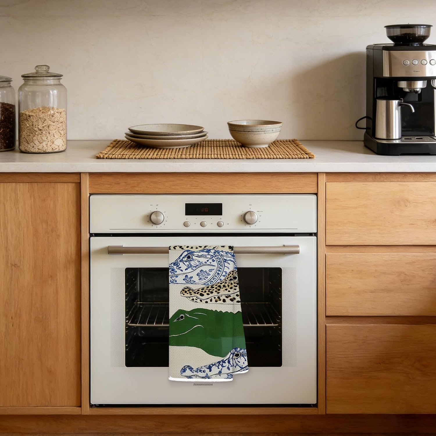 Chinoiserie Alligator Kitchen Decor Towels 16x24 in, Alligator Gifts for Women, Vintage Blue Green Leopard Crocodile Decorative Hand Tea Dish Towels for Bathroom Kitchen