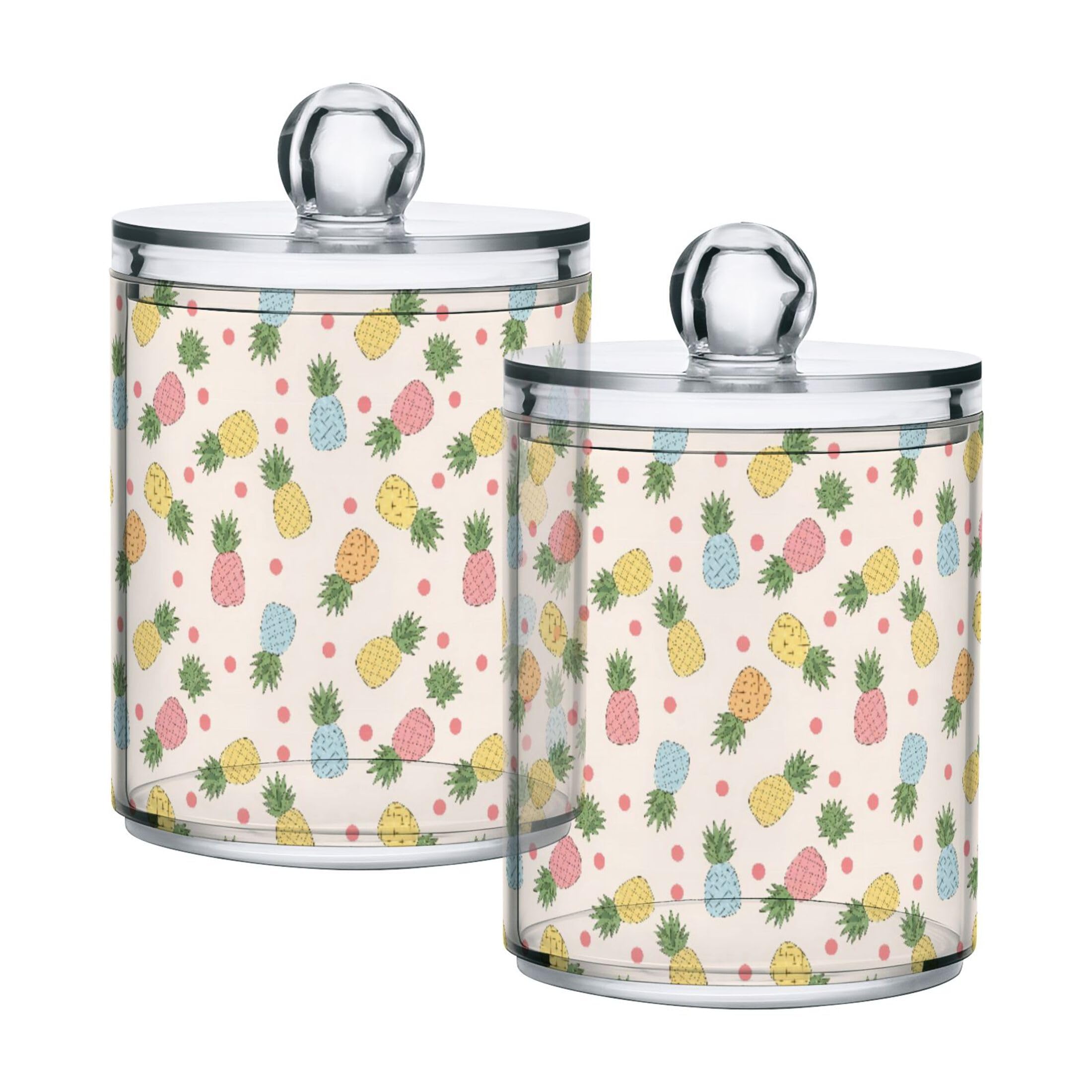 Fuauuyl Pineapples Qtip Holder Dispenser 2 Pack Plastic Apothecary Jar Storage Organization Bathroom Vanity Makeup Storage Organization for Cotton Ball Swab Pad