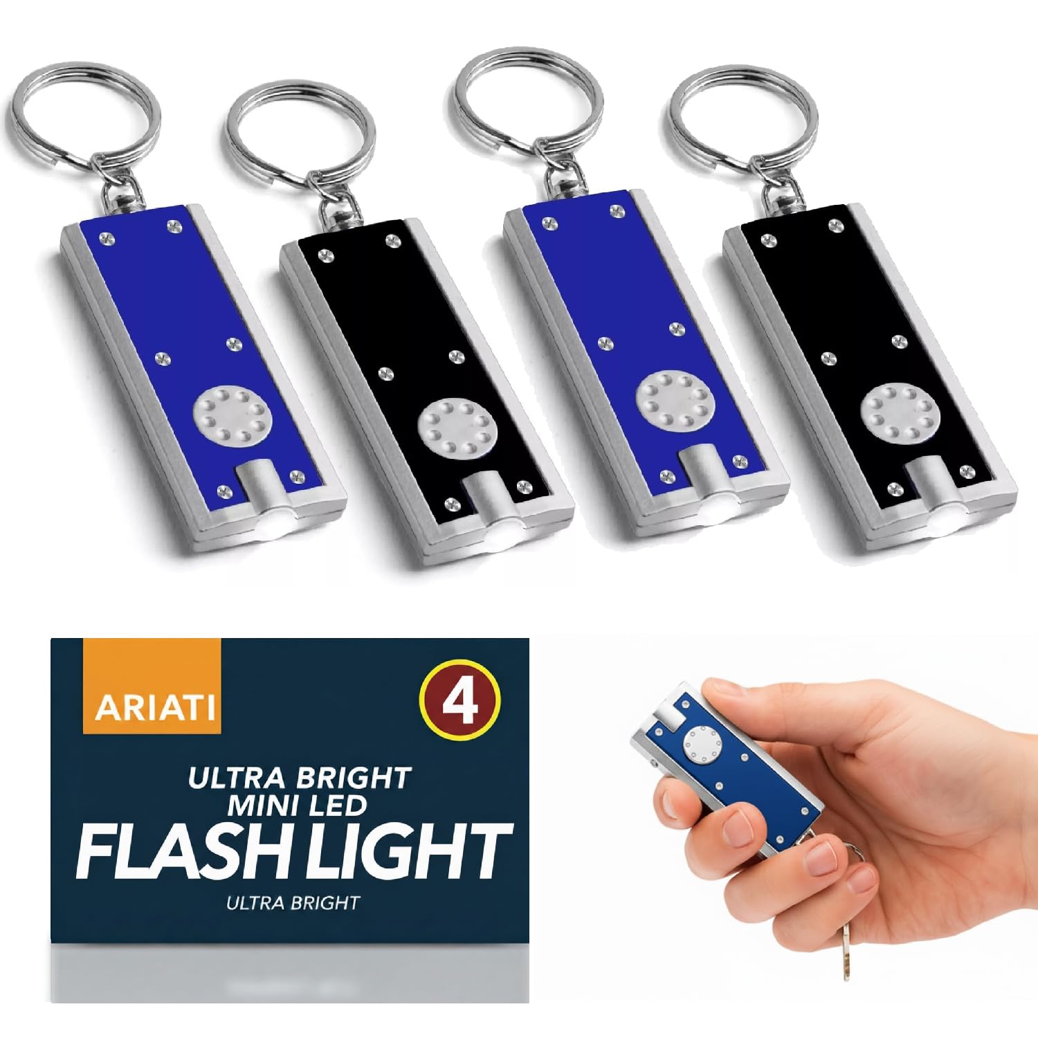 Ariati Silver 4-Pack Mini Led Keychain Flashlights | Compact And Bright Pocket Torch With Key Chain & Built-In Batteries | Keyring Mini Torch Led Light For Camping Outdoor Adventures, Emergencies & Everyday Use