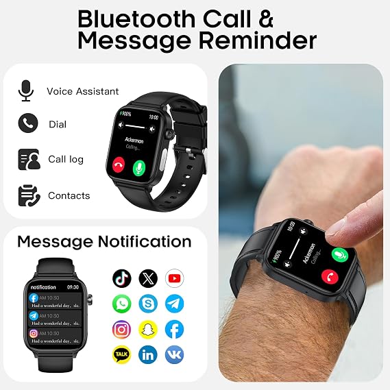 Smart Watch for Men Women (Answer/Make Calls), 1.96 HD Screen Fitness Watch with Blood Pressure/Heart Rate/Sleep/Body Temperature/Stress Monitor, SOS Button, IP68 Waterproof