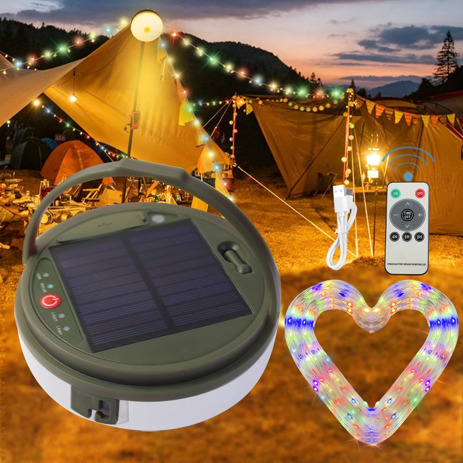 Solar Camping String Lights , 2 in 1 Multi-Color Outdoor String Lights with 8 Lighting Modes(39.4Ft), Solar Power and USB Rechargeable , Waterproof Portable Camping Lights for Hiking Yard