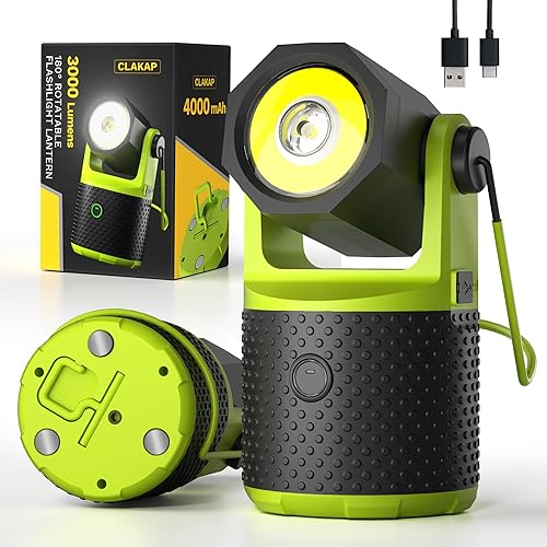 CLAKAP Linterna LED para campamento, linterna recargable de 3000 lúmenes, linterna giratoria de 180, luz de campamento portátil con cargador de
