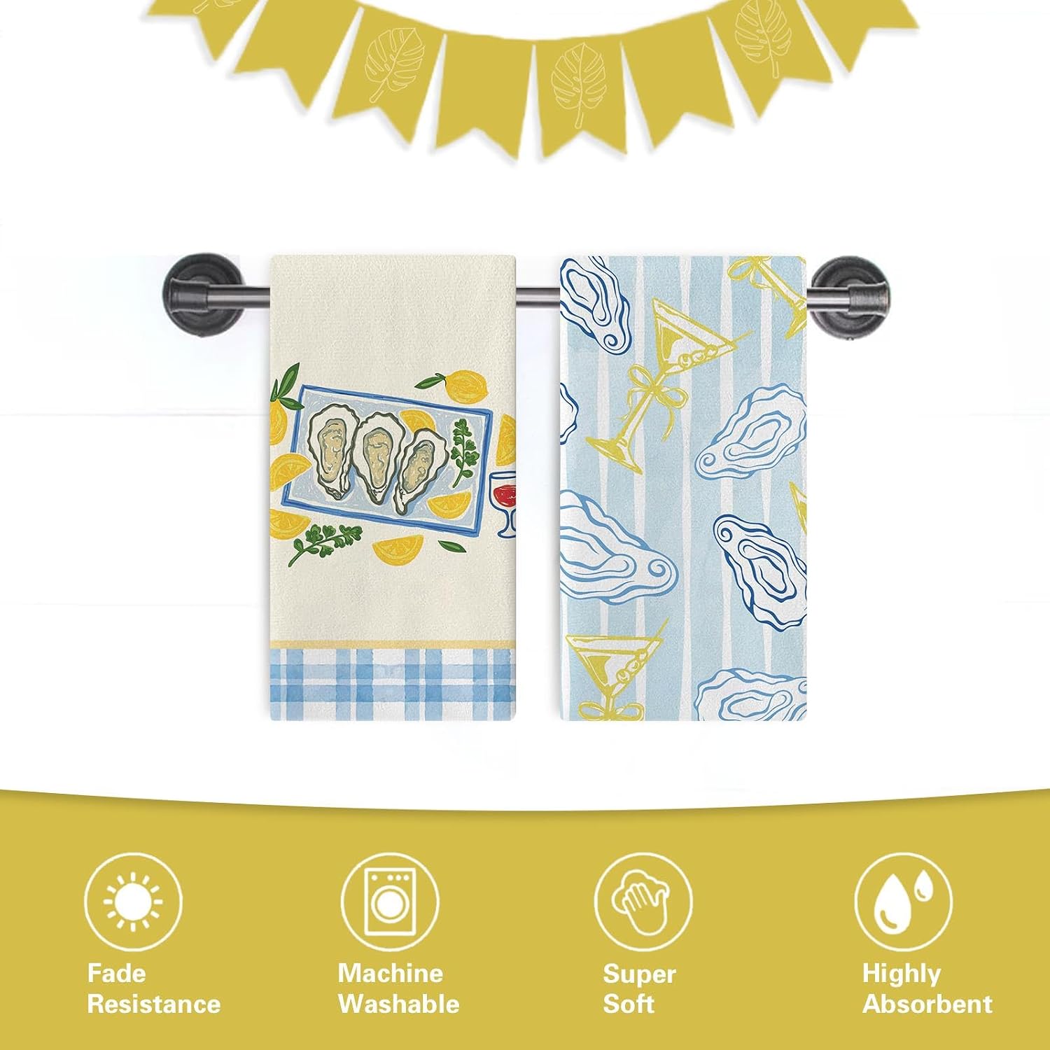 Coastal Oyster Martini Kitchen Dish Towels Set of 2, Watercolor Beach