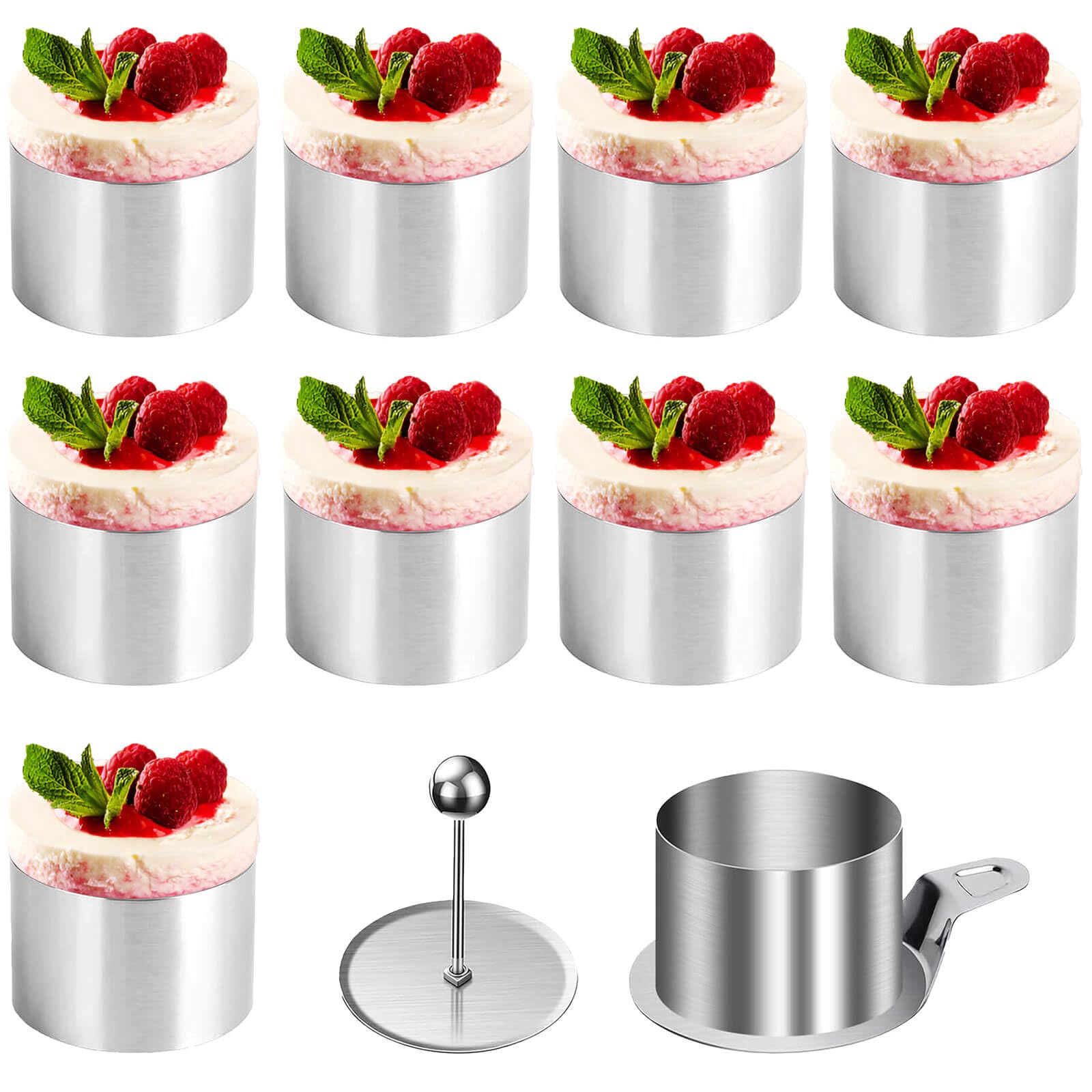 10 Anelli Per Torte In Acciaio Inox 7,5x5,5 Cm Con Pressa E Spatola – Per Crumpet, Cheesecake E Uova