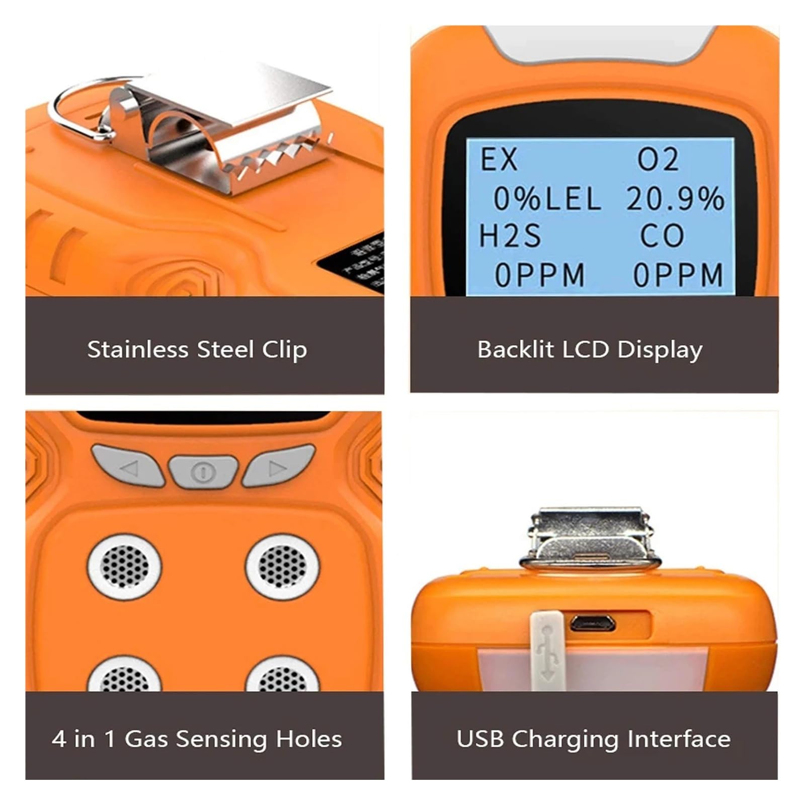 Tragbares 4-in-1-Multigaswarngerät mit wiederaufladbarem LCD-Display, Ton-, Licht- und Schockfunktion zur Luftqualitätsprüfung for Arbeit und Zuhause Hohe Empfindlichkeit für das Labor(Orange)