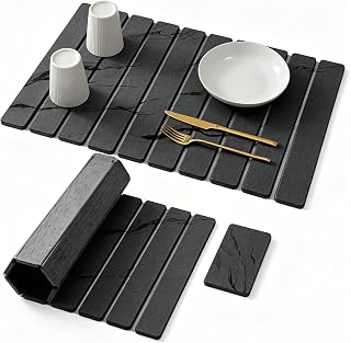 Large Stone Dish Drying Mat for Kitchen Counter 2 PCS(23.6"×15.3" & 8"×4") | Fast Dry Diatomaceous Earth Mat – Foldable Stone Mat for Dishes Utensils Soap Dish–Non-Slip&Heat Resistant–Dark Grey Pattern