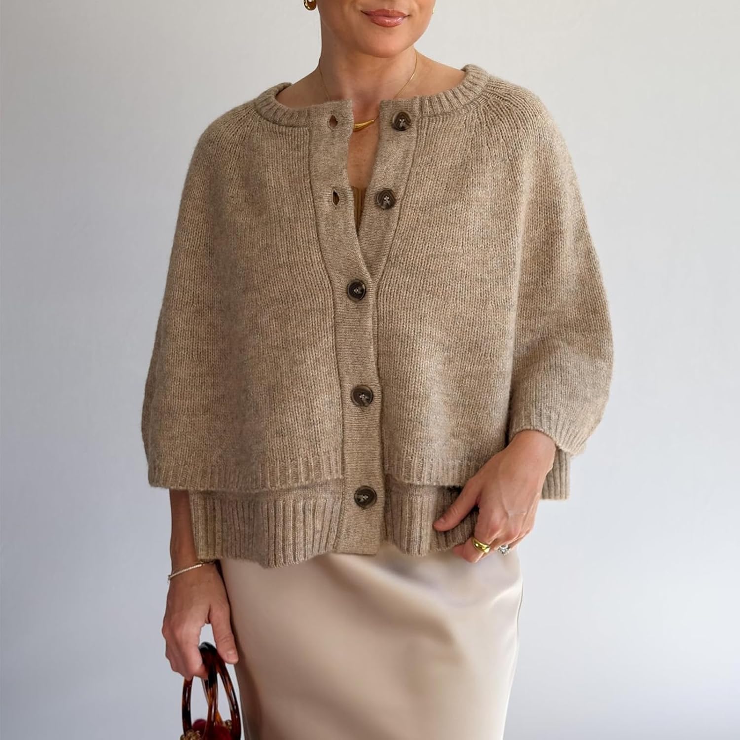 HOULENGS Women's Round Neck Shawl Cardigan Sweater Casual Button Down Cropped Knit Cape Coat Fall Trendy Sweater Jacket - Image 6