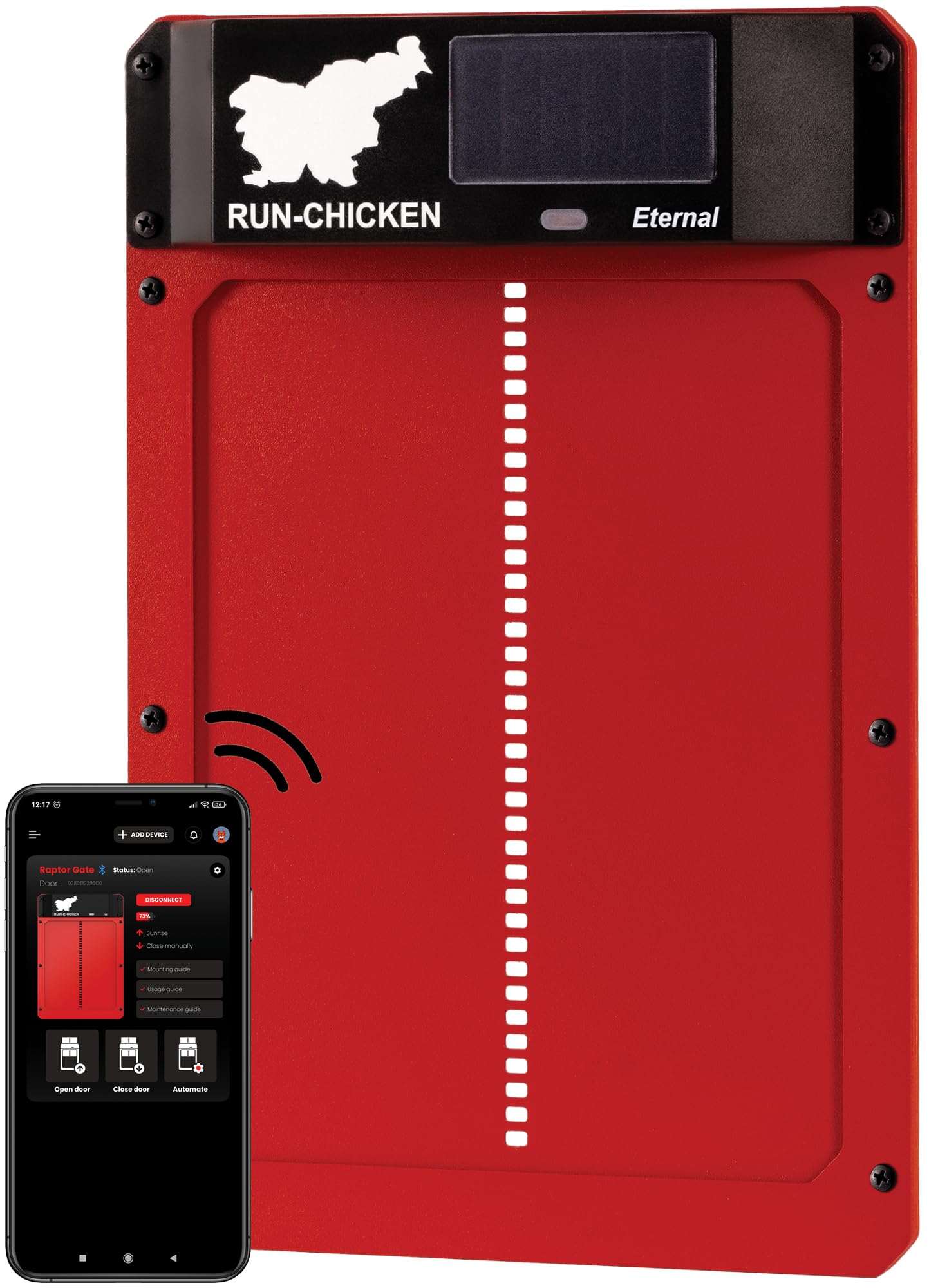 Run-Chicken Tür (rot) Solar Hühnerstall Tür, batteriebetriebene automatische Hühnerstalltür, programmierbare elektrische Hühnertür mit Timer, Lichtsensor, solarbetrieben, Eternal