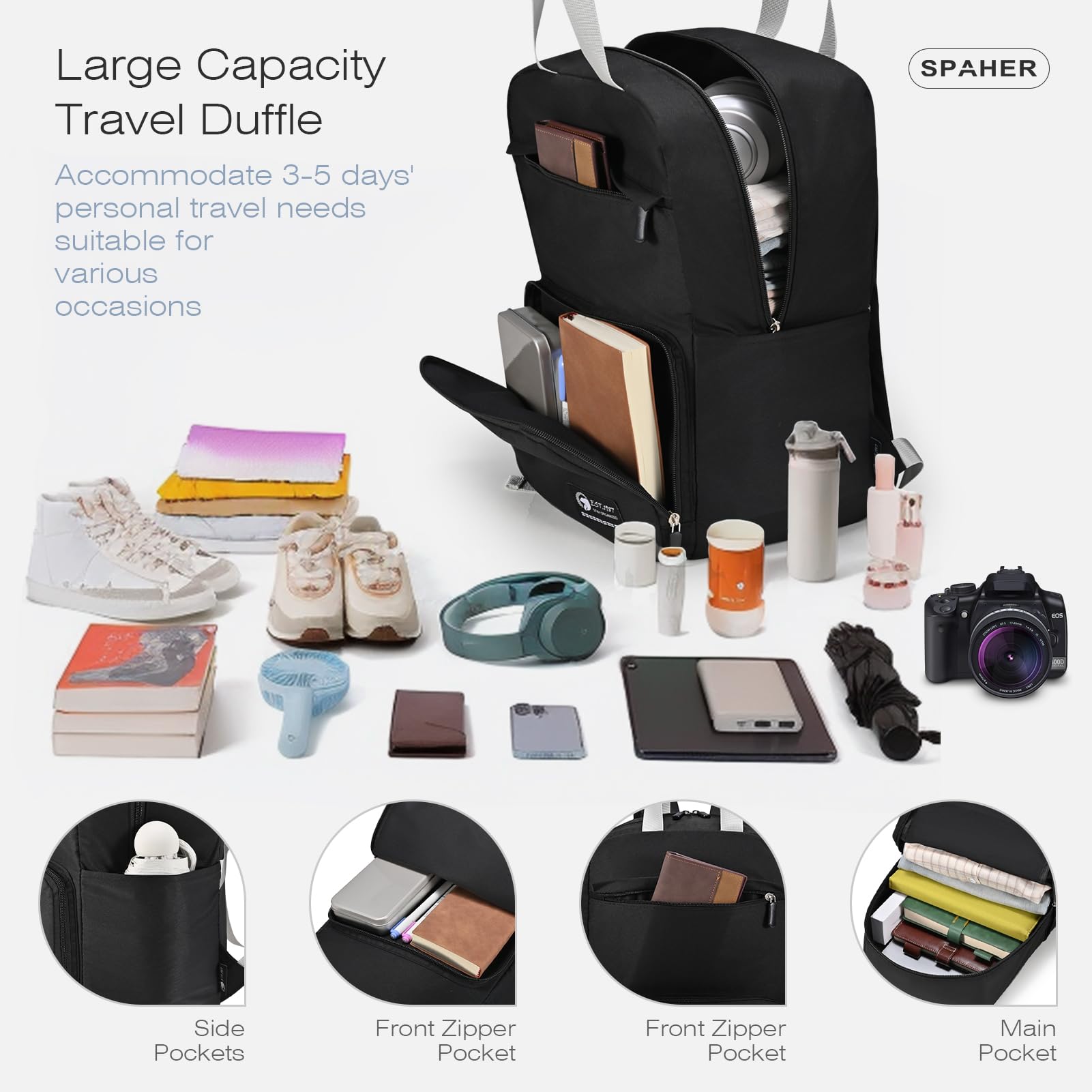 SPAHER Ultralekki Składany Plecak Podróżny 40x20x25cm Ryanair 20L Mały Plecak Kabinowy Samolotem Pod Siedzeniem Plecak Laptopa 14 Calowy dla Uniwersytecki Mężczyzn Kobiety， Czarny