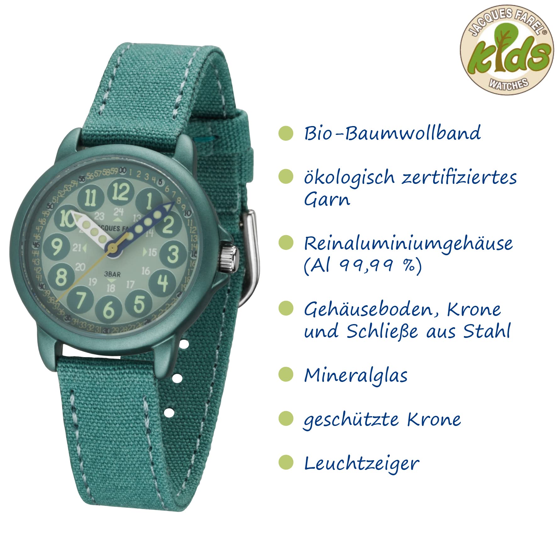 Jacques FAREL Lernuhr Öko Kinderuhr Jungen Armbanduhr Analog Quarz mit Textilarmband aus Bio-Baumwolle Jade-Blau Türkis Nachhaltig ORGT 1114