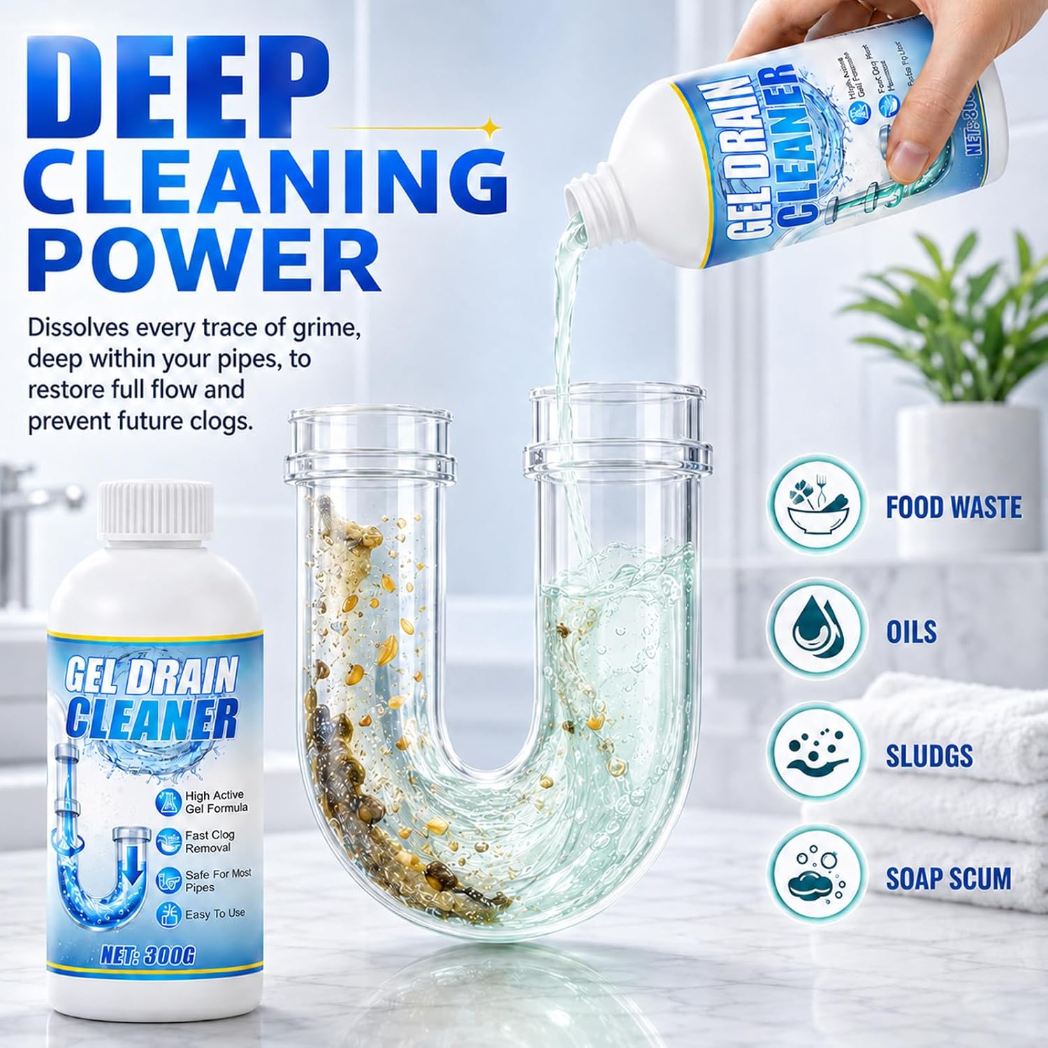 Gel Drain Cleaner Clog Remover with Drain Clog, 600g 2 Pack