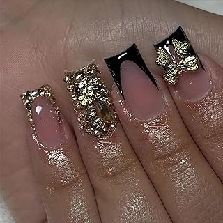 BABALAL Press on Nails Short Black Gold Fake Nails Square Glue on Nails French Tip Rhinestone Luxury Acrylic False Nails with Bow Charm Bling Gel Nails 24Pcs Handmade Squoval Nails for Women Girls