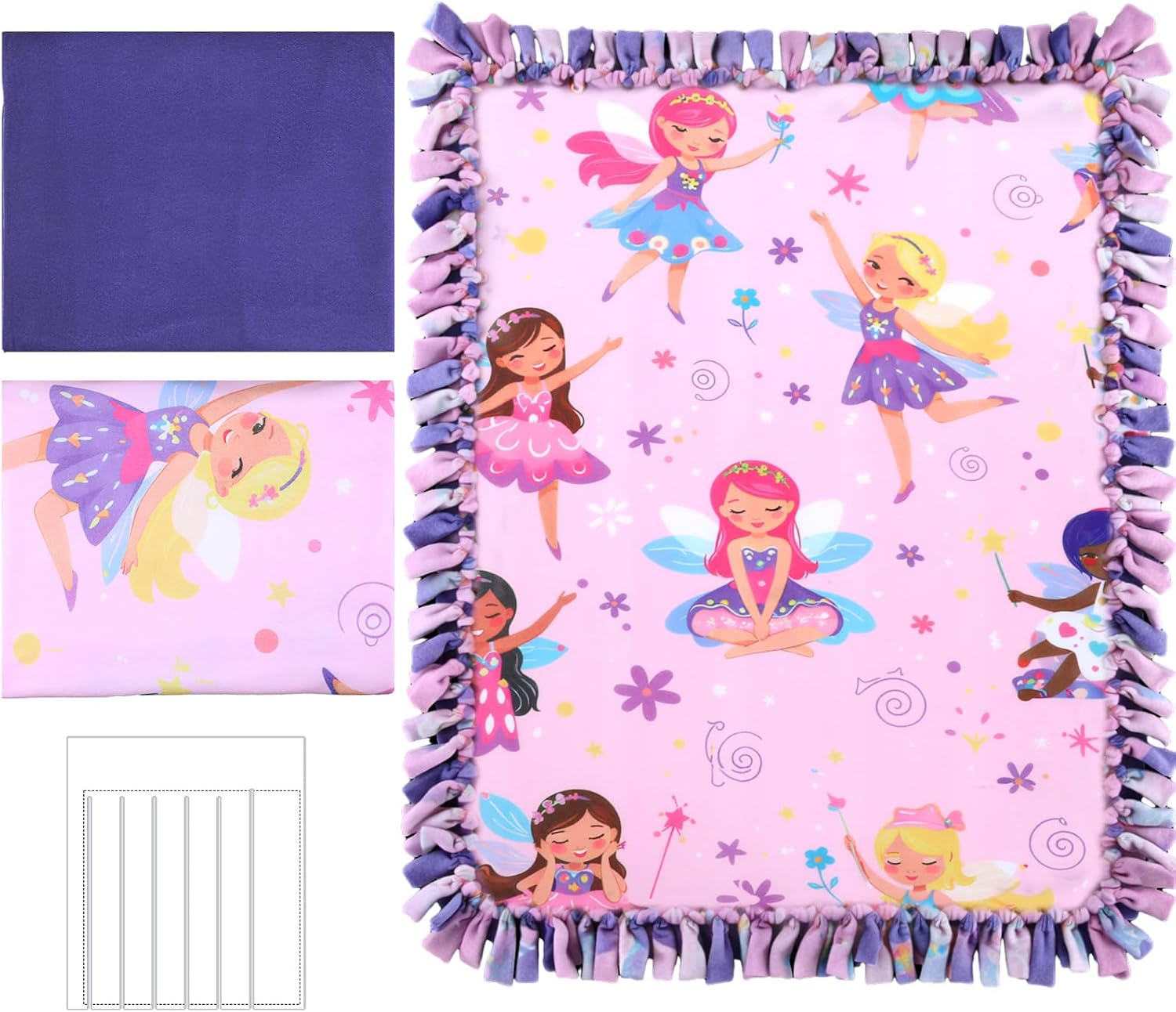 HunnmingRe 3 Pcs DIY Tie Blankets Fleece Kit No Sew Blanket Kit Include 50x60 Inch Fairy No Sew Fleece Fabric and Ruler Template DIY Pink and Purple Throw Making for Bed Couch