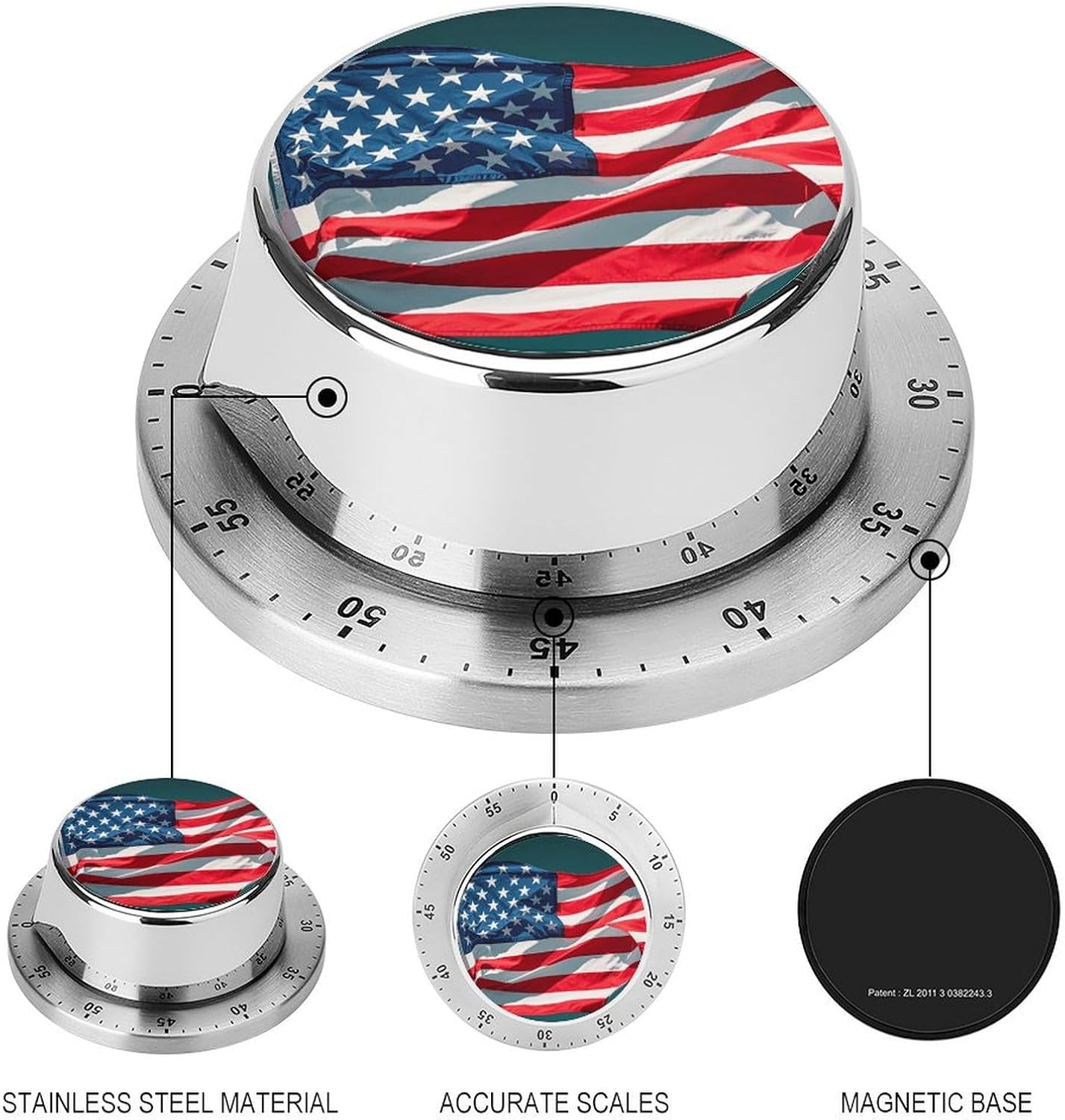 Flag Timer Stainless Steel Kitchen Timers Waterproof & Rust-Proof 60 Minute Mechanical Timer with Loud Alarm for Cooking, Baking, Fitness