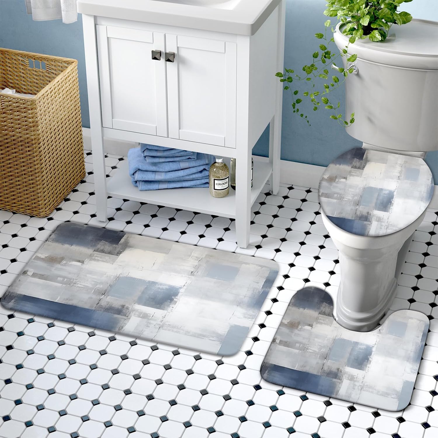 Lnond 4Pcs Bathroom Sets with Shower Curtain and Rugs, Blue Grey Abstract Bathroom Shower Curtain Sets, Navy Blue Modern Art Bathroom Sets with Rugs and Accessories
