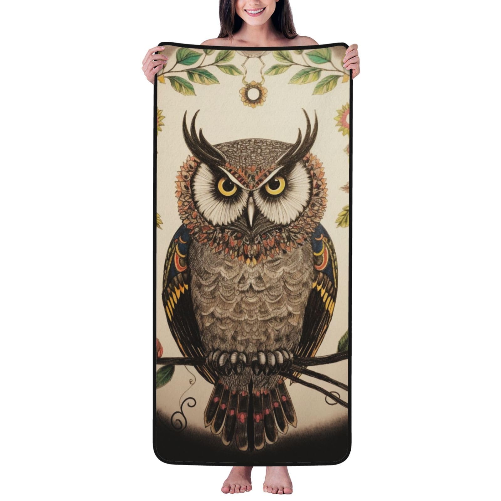 WPKJU Owl Beliefs Printed Bath Towel with Black Edging - 27x55 in Soft Extra Absorbent Coral Velvet Shower Towels for Bathroom